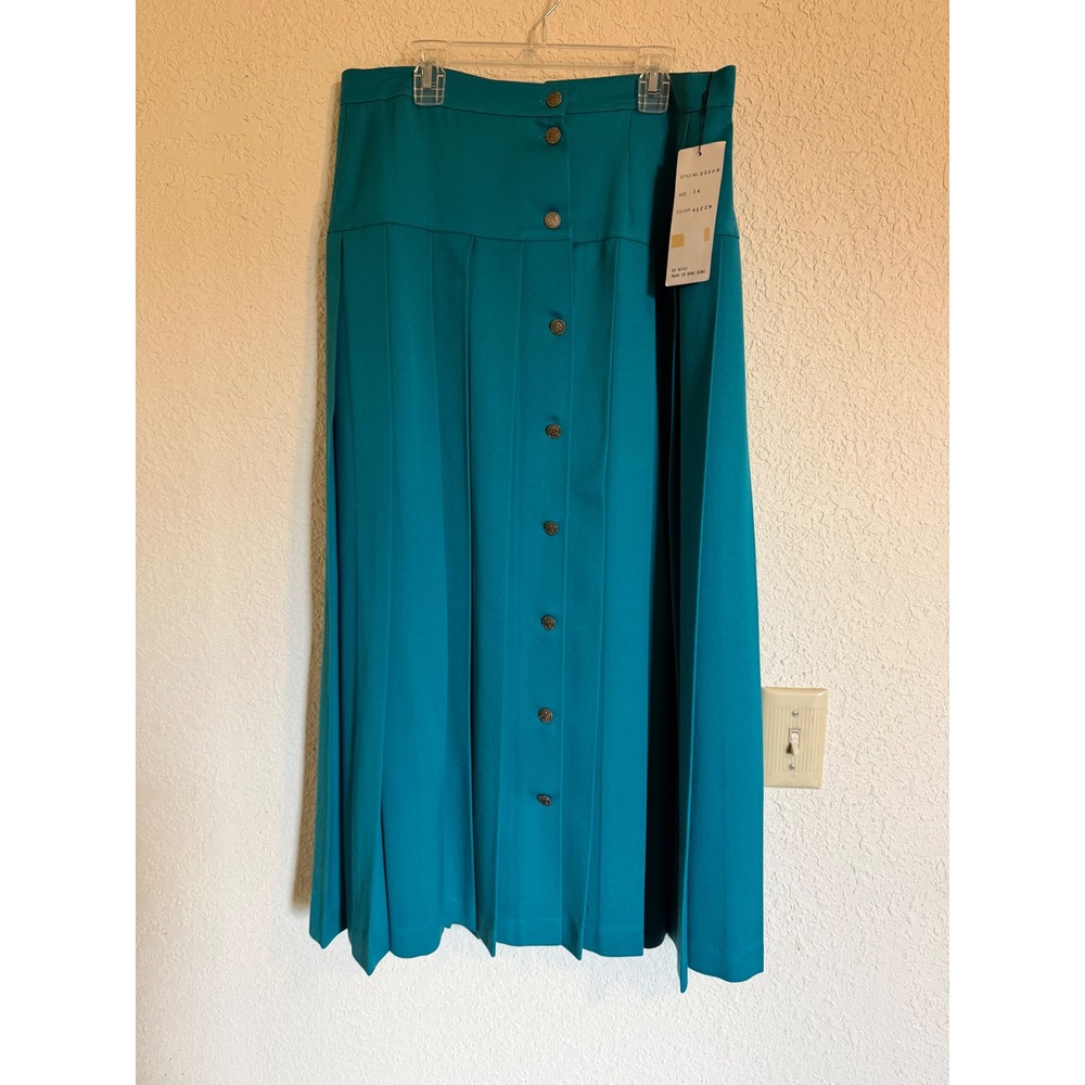 JJ Nicole Vintage Teal Wool Pleated Maxi Skirt Button Front Size 14 NWT 33006